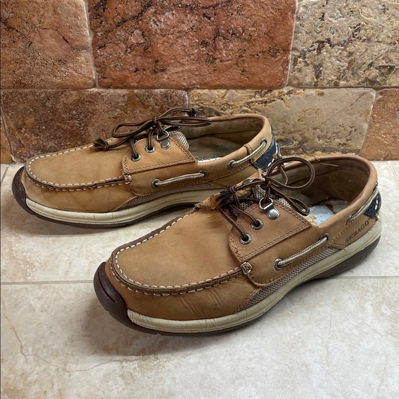 Sebago Helmsman Dark Tan Leather Boat Shoes Men’s 8M Moc Toe Deck Casual Lace - Picture 3 of 16